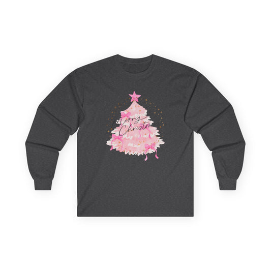 Pink Watercolor Christmas Tree Long Sleeve Tee